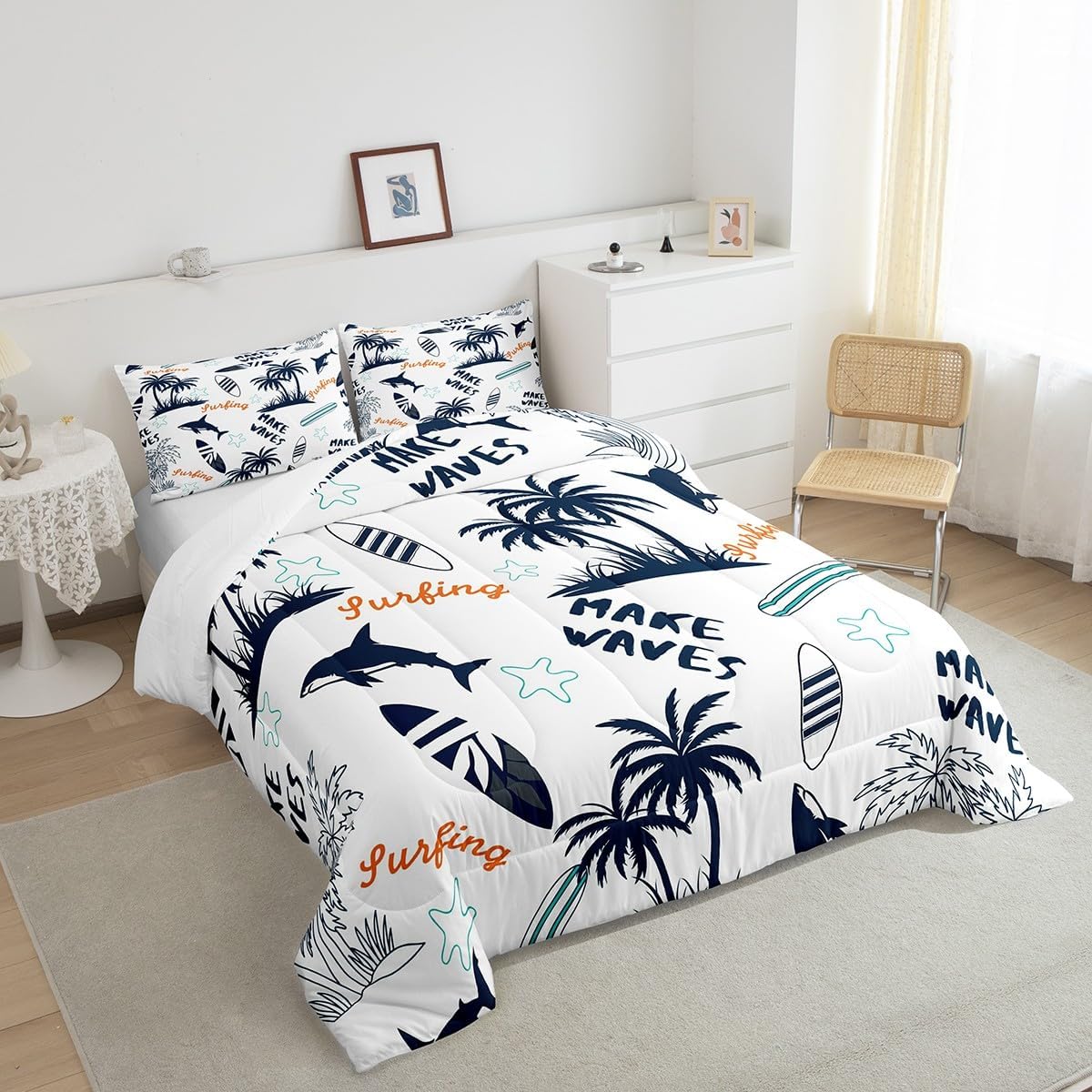 Feelyou Palm Tree Comforter Set Soft Summer Ocean Surfing Bedding Set Hawaiian Tropical Sea Beach Quilted Duvet Bed Set with Comforter for Boys (Full, 3 Pieces) Boys
