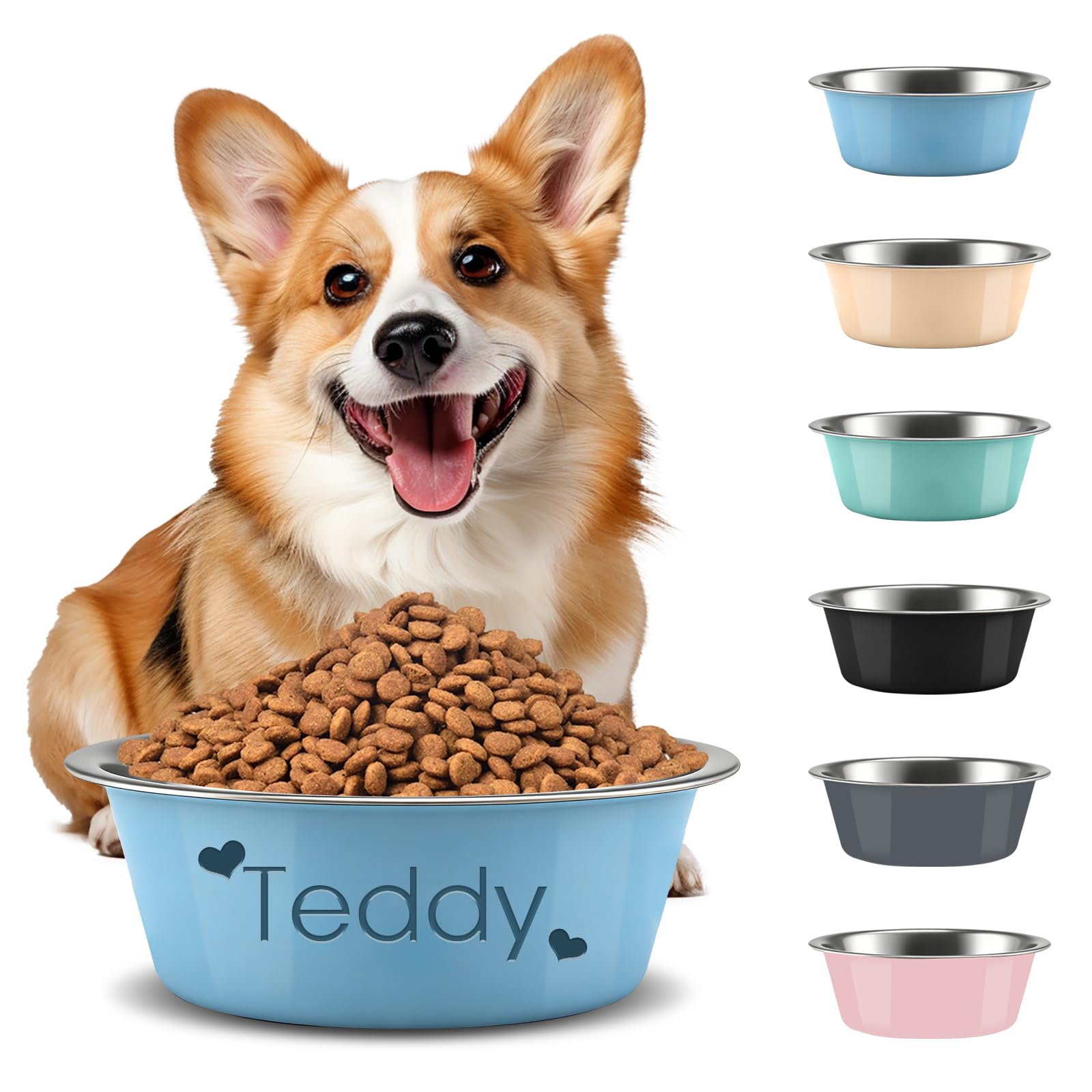 Personalised Dog Bowl Stainless Steel, Custom Engraved Name/Logo，Non-Slip Metal Pet Bowl for Dogs Cats, 3 Sizes(S/M/L), Durable Unbreakable, Easy to Clean, for Puppy/Small/Medium/Large Dogs (Blue)