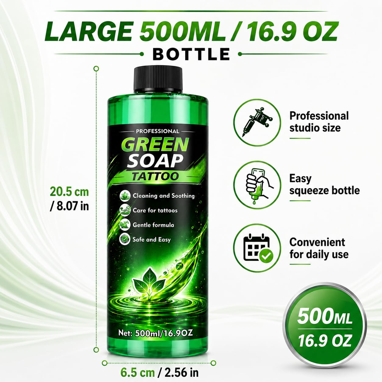500ML Tattoo Green Soap, 100% Ultra Concentrated Tattoo Soap with Foaming Bottle 220ml, Vegan Formula Gentle Tattoo Green Soap for Tattooing & Piercing, Tattoos Supplies