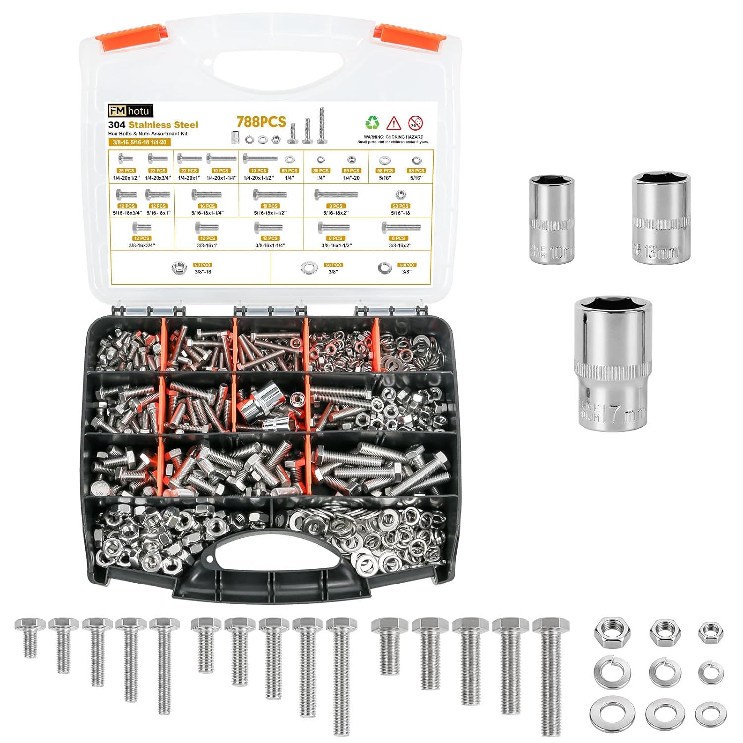 788PCS 18-8(304) Stailess Steel Hex Bolt Assortment Kit, Heavy Duty Bolts and Nuts Kit, 1/4-20 5/16-18 3/8-16 SAE Hex Cap Screws Nuts Washers, Comes with 3 Bits Plated
