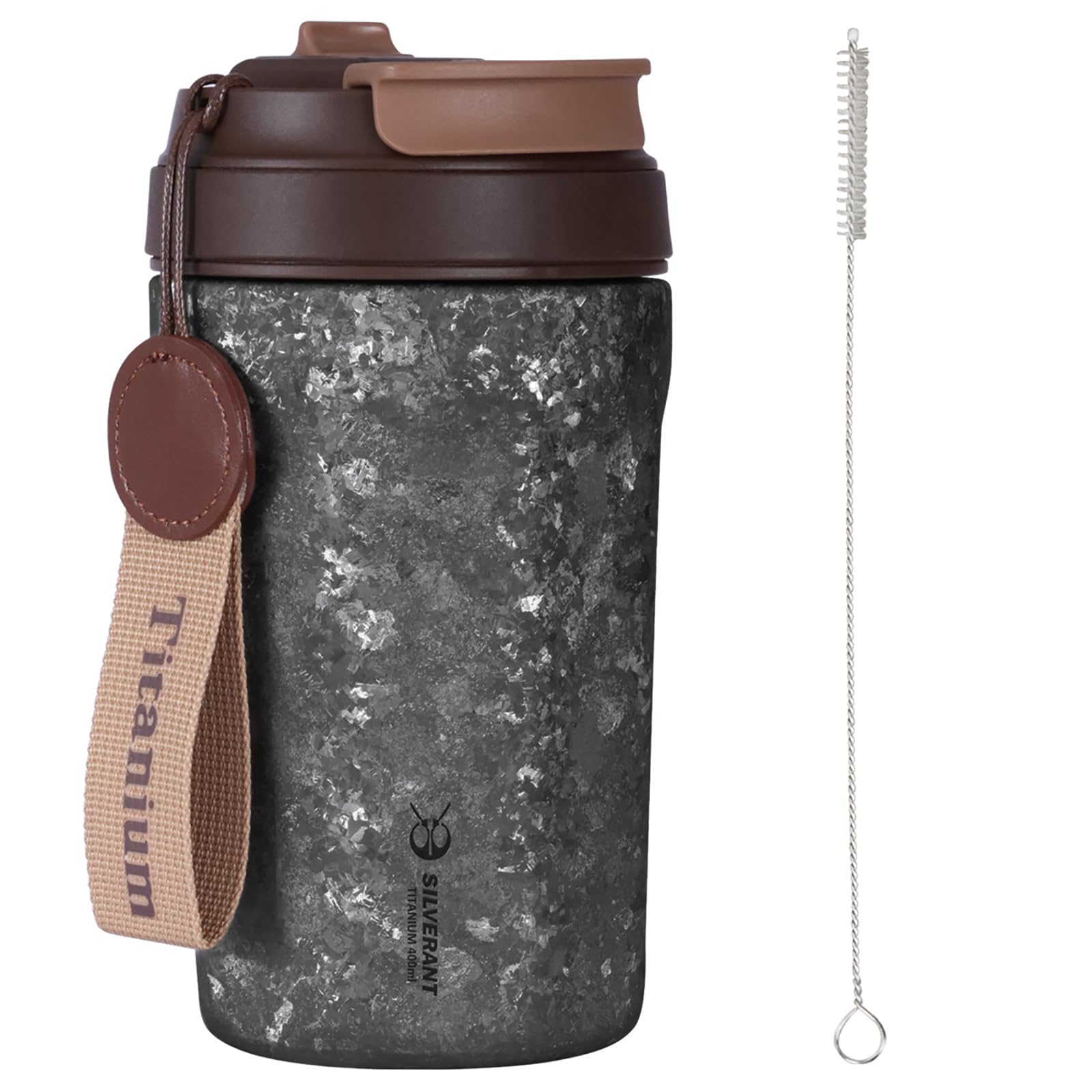 SILVERANT Isolierter Titan-Kaffeebecher mit Strohhalm, doppelwandiger Becher, wiederverwendbar und auslaufsicher, hält Flüssigkeiten heiß oder kalt, für den Innen- und Außenbereich (400 ml, Schwarz