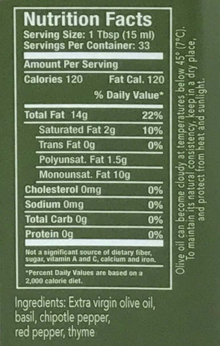 Chipotle Infused Extra Virgin Cold Pressed Olive Oil 500 Ml (17 Oz) (Chipotle Pepper, Thyme, Red Pepper, Basil, Bay Leaf Flavor)