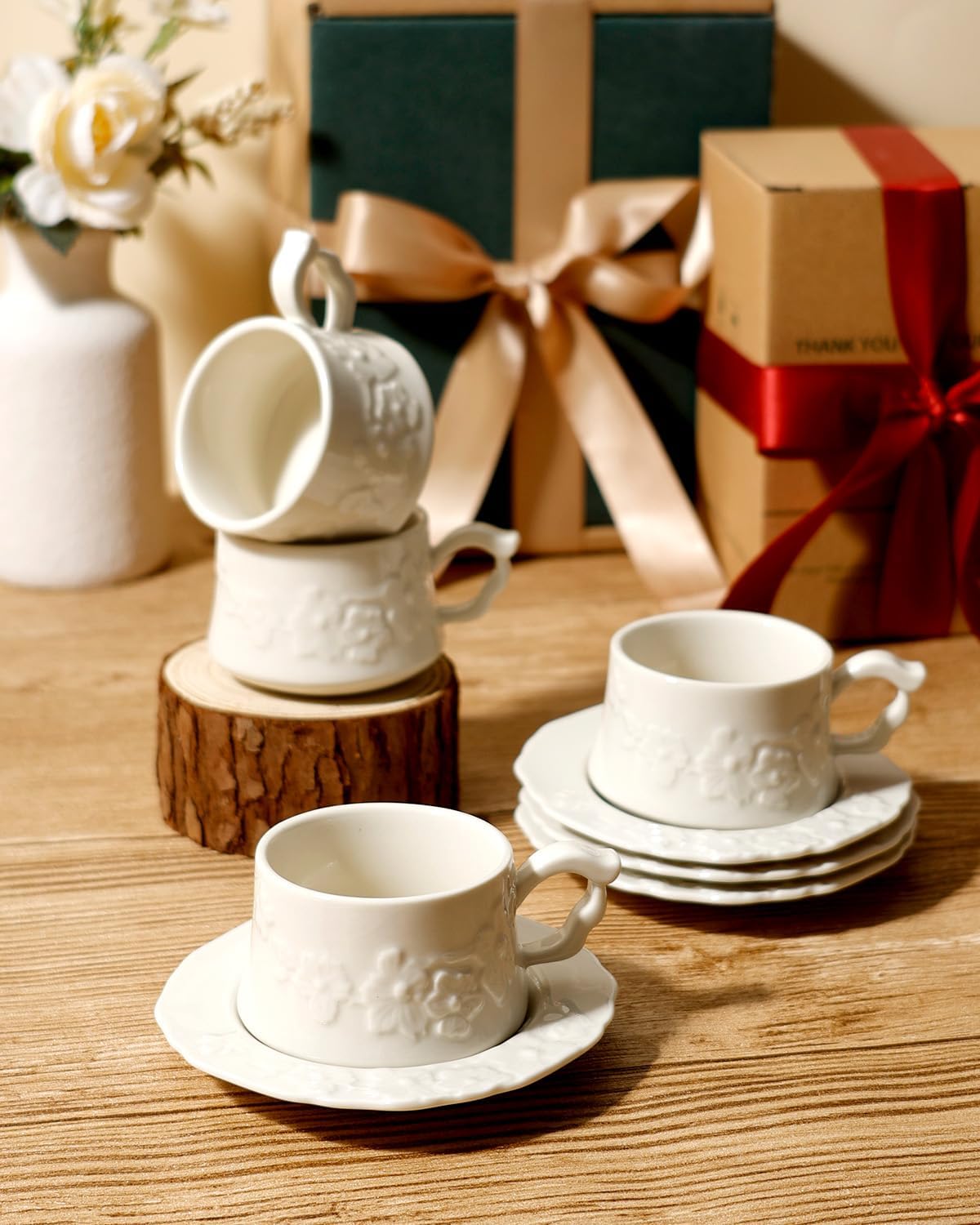 Ceramic Espresso Cups and Saucers Set of 4, Floral Petal Design Cappuccino Cups with Handles, Vintage Style Porcelain Coffee Cup Set, Microwave & Dishwasher Safe(Cream-Flower)