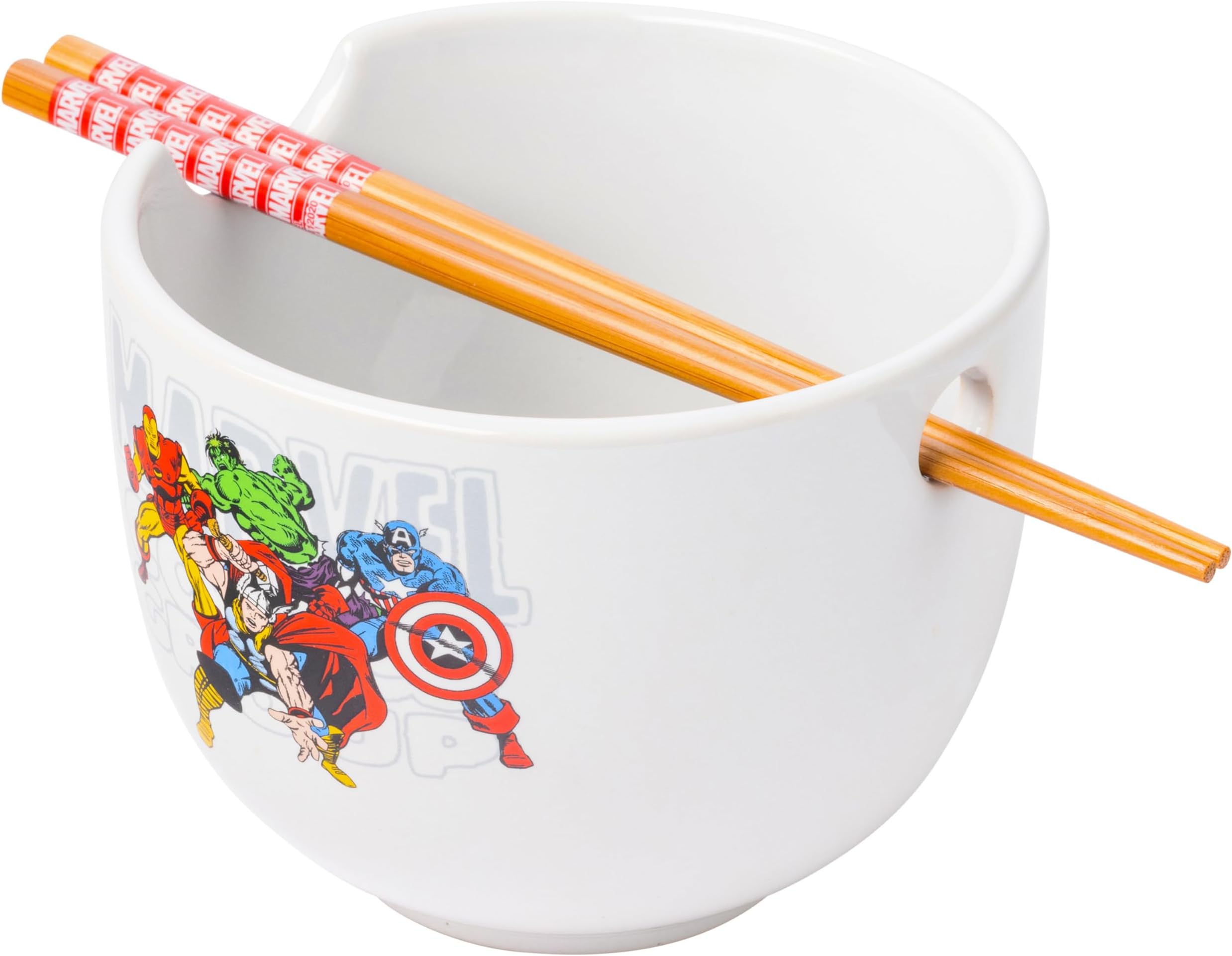 Silver Buffalo Marvel Retro Group Avengers Featuring Captain America, Hulk, Thor, and Iron Man Ceramic Ramen Bowl with Chopsticks, 20 Ounces