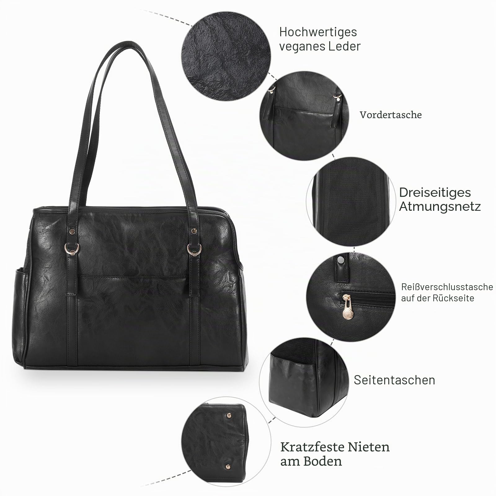 Lasaviin Hundetragetasche, modische Leder-Haustier-Tragetasche mit Taschen, von Fluggesellschaften zugelassen, weiche Seiten, für Welpen, Katzen, Hunde, Schwarz