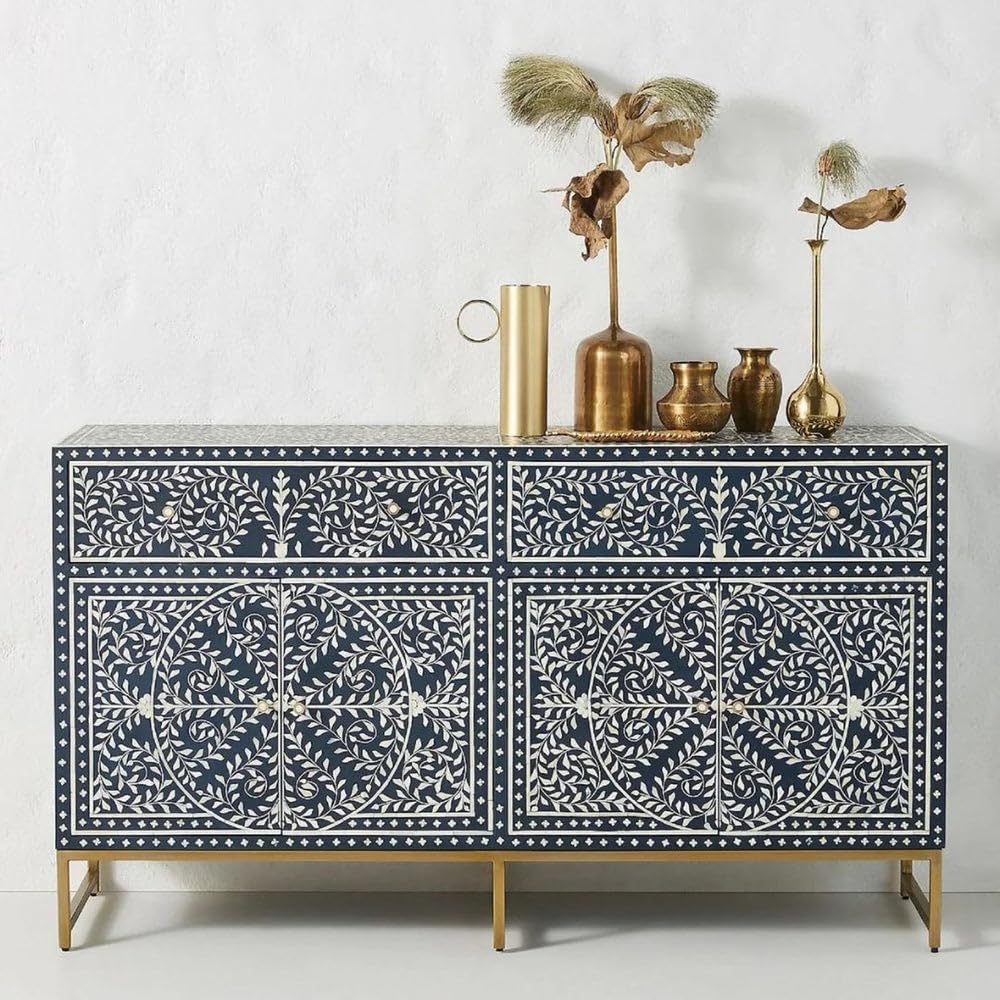 Handmade Blue Bone Inlay Sideboard Cabinet – Intricate Floral Design Storage Chest with Brass Base – Indian Artisan Furniture-image-22