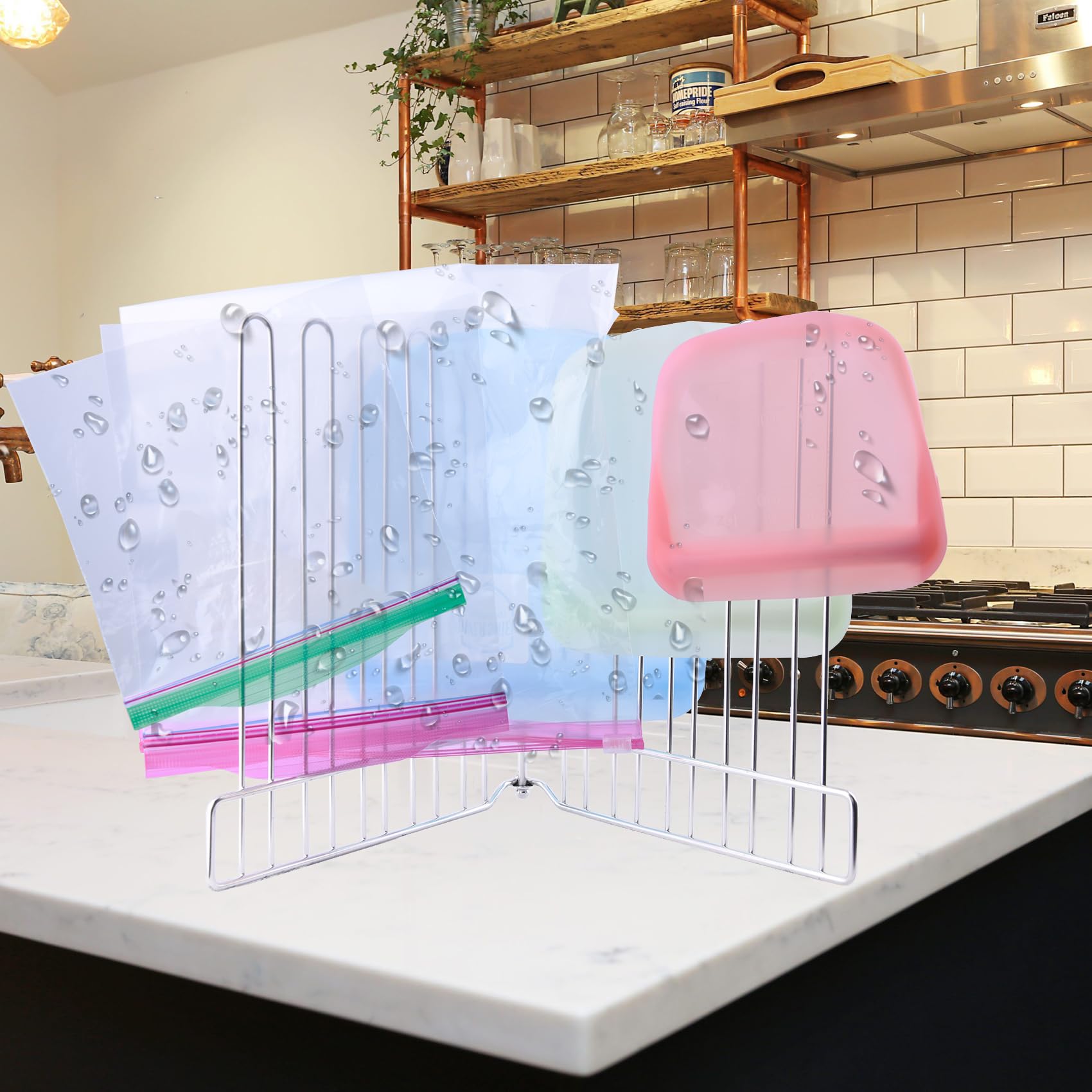 LEKUSHA Reusable Drying Rack, Foldable Freezer Bag Dryer, SUS304 Stainless Steel Stand for Gallon, Quart, Sandwich, Snack Bags