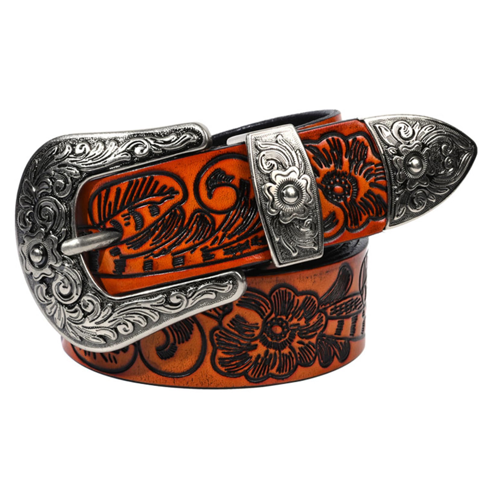 ALANIZ Cintura squisita, cintura in pelle goffrata vintage da uomo e da donna con fibbia in argento incisa floreale occidentale, cinturino da cowboy country