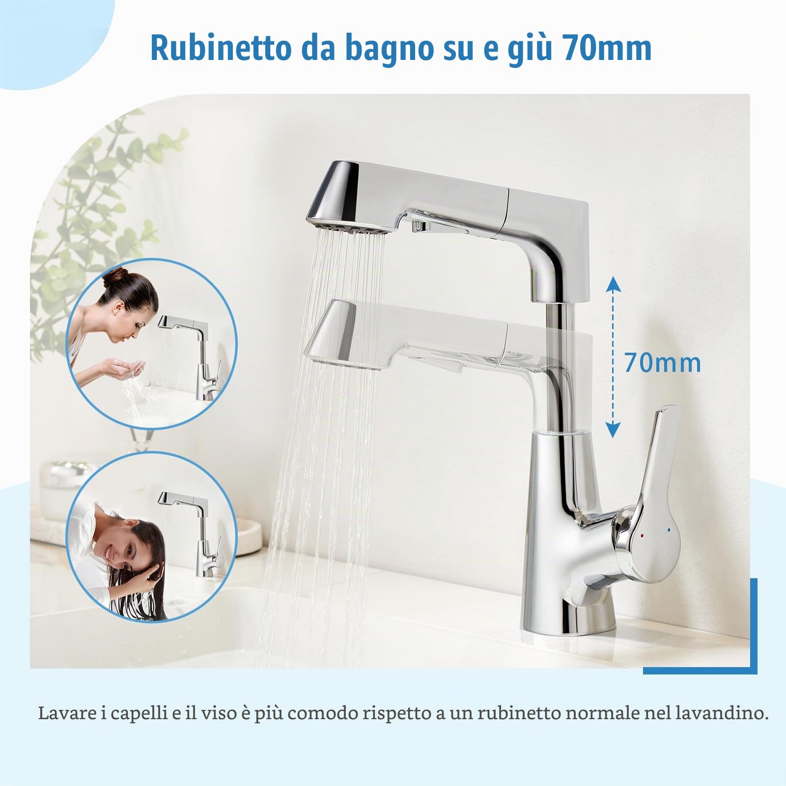 Rubinetto per Lavabo da Bagno Miscelatore monocomando con Regolazione in altezza ed estraibile, cromato lucido