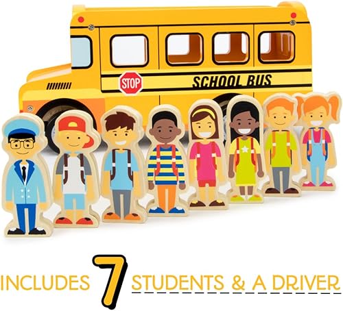 Miniatura 5 de Conjunto de juguete de bus de madera de vuelta a clases con 8 figuras de personajes, 7 estudiantes, 1 chofer de bus por Imagination Generation