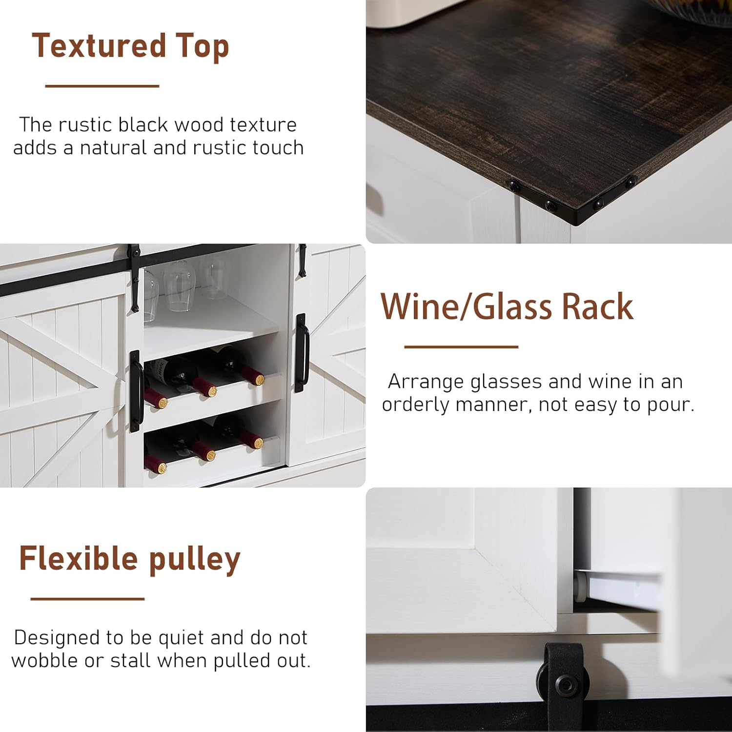 Kmax Farmhouse Wine Bar Cabinet w, 54” Buffet Cabinet with Storage, Rustic White Coffee Bar Cabinet with Sliding Barn Doors, Wine/Glass Rack & 3 Drawers for Living, Dining Room, Black Top