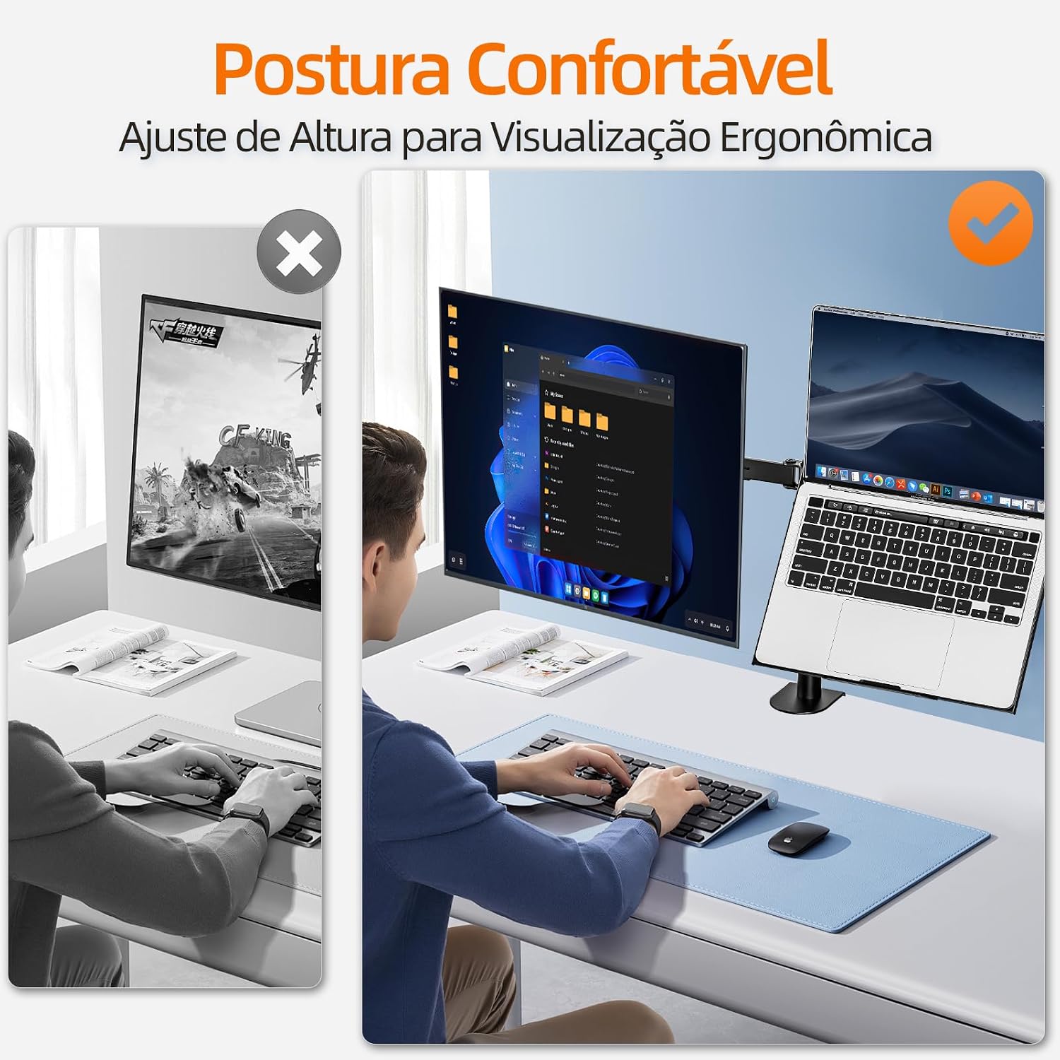 BAZIK Suporte Articulado para Monitor e Notebook – Braço Ajustável com Bandeja para Notebook até 17", Monitores de 13'' a 32'', Suporte para Monitor Duplo com Ergonômico com Organização de Cabos BAZIK Suporte Articulado para Monitor e Notebook – Braço Ajustável com Bandeja para Notebook até 17", Monitores de 13'' a 32'', Suporte para Monitor Duplo com Ergonômico com Organização de Cabos