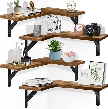 Set of 4 Corner Floating Shelves, Wall Mounted Shelf, Light Brown
