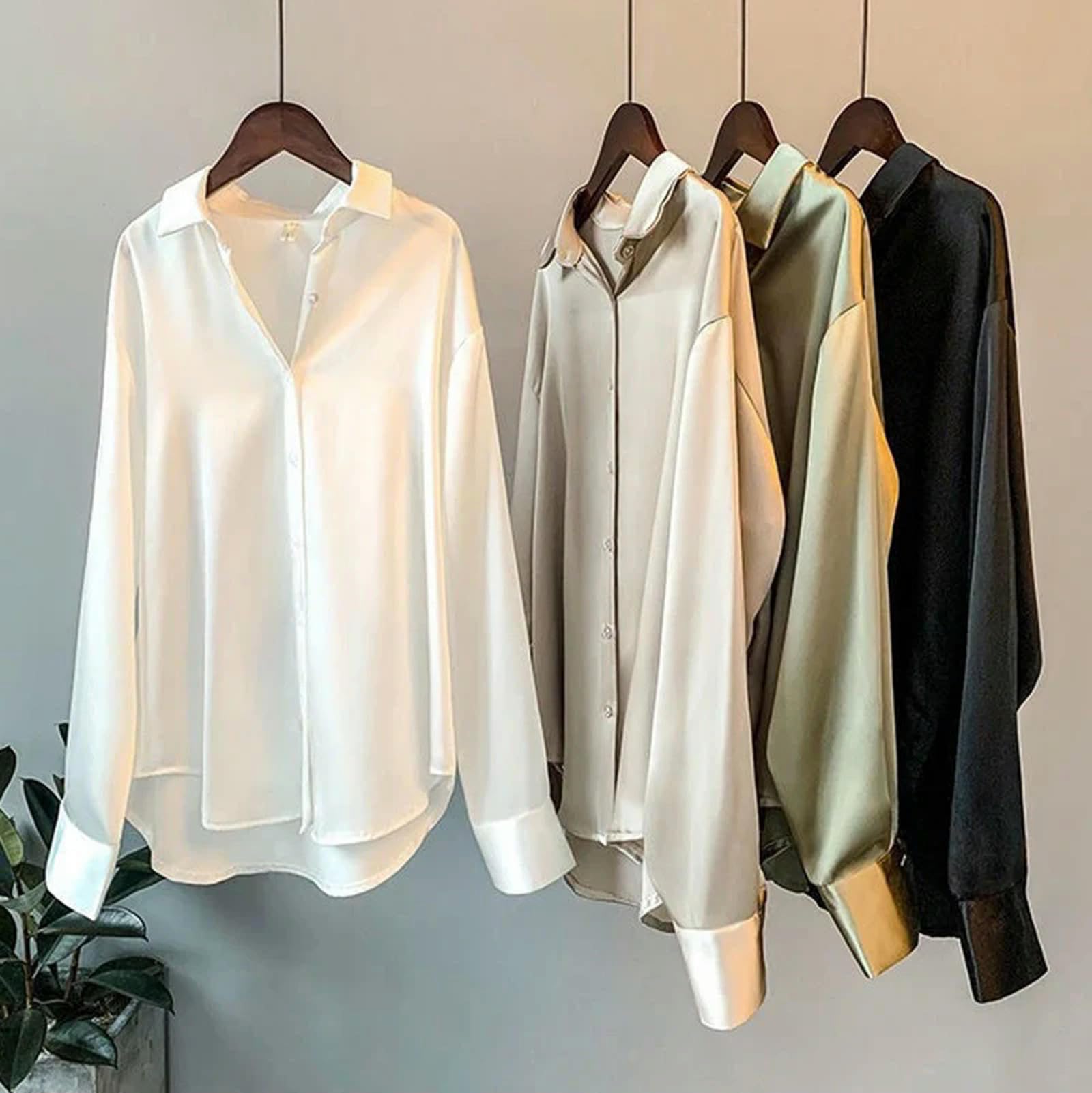Camicie Bianche Larghe da Donna, Eleganti, a Maniche Lunghe, con Bottoni, con Colletto rovesciato, Eleganti Top da Donna-Nero-XXXL
