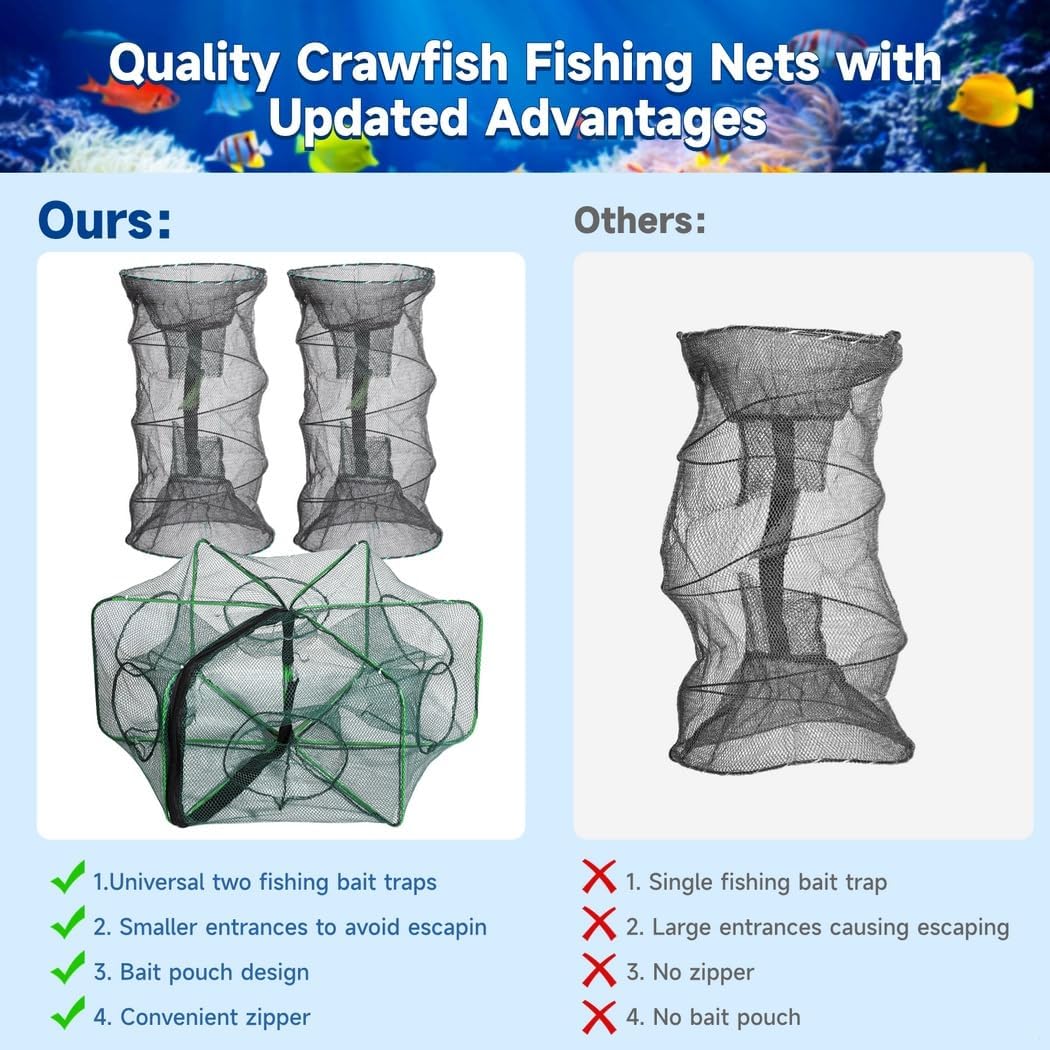 3-Pack Fishing Net Traps, Portable Foldable Bait Traps, Hexagonal And Cylindrical Mesh Nets For Crab, Lobster, Shrimp, And Crawfish