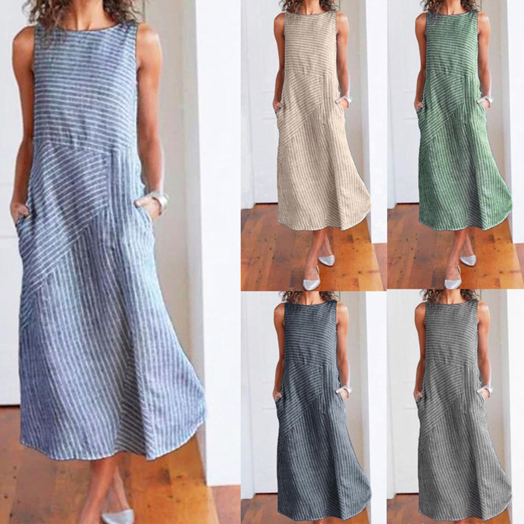 Las Mujeres De Rayas Cuello Redondo Sin Mangas Slim CóModo Casual Zip Gran Dobladillo Vestidos