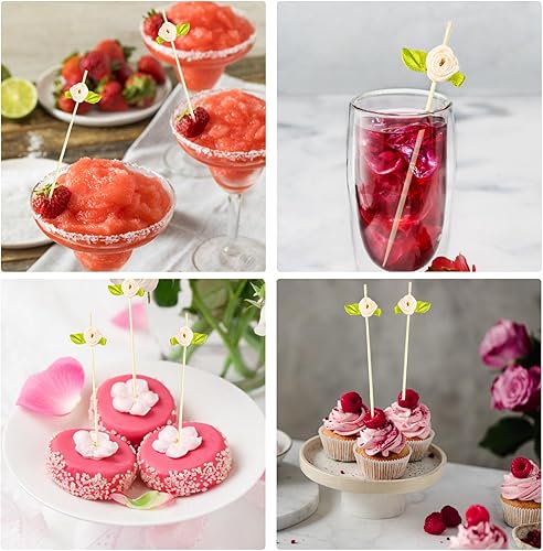 Miniatura 5 de 200 palillos de dientes de cóctel de rosas rosas para aperitivos, palillos de cóctel de bambú de 4.7 pulgadas de largo, despedidas de soltera,