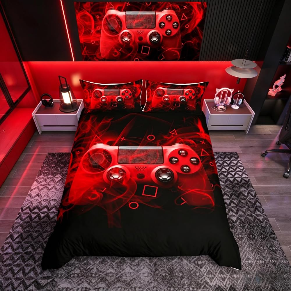 Homemissing Kids Gamer Duvet Cover Set Gamer For Boys Girls Video Game Controller Bedding Set Gaming Console Bedding & Linen Red Black Zipper Single Size, Multicoloured 37