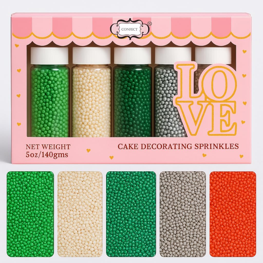 Confect Edible Pearl Sprinkles – Festive Mix of Red, White, Silver & Green Disco Ball Sprinkles – Cake & Cupcake Toppers for Baking, Decorating, and Party Treats- 5 Oz