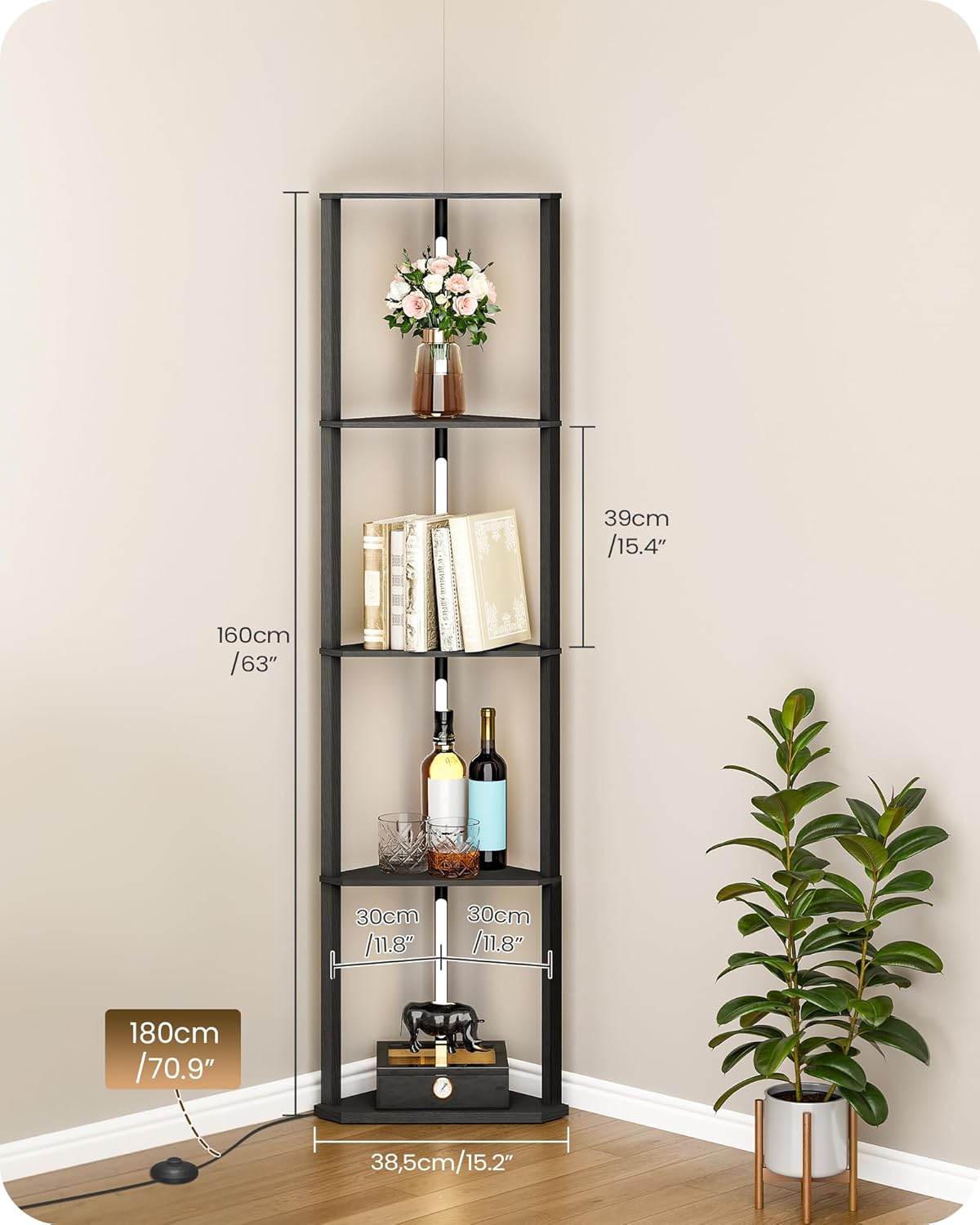 63.4” Display Shelf with Light, Modern Corner Floor Lampe with Shelves, LED Dimmable Standing Lamp with Remote for Living Room, Bedroom, Office, Adjustable CCT, Black Triangle B55LD05