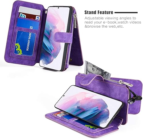 Miniatura 5 de MODOS LOGICOS Funda para Samsung Galaxy S21 Plus, cartera desmontable, 2 en 1, almacenamiento en efectivo con cremallera, hasta 14 ranuras para