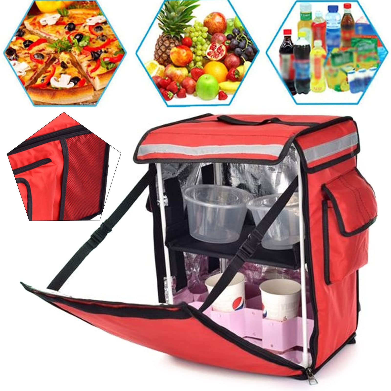 Zaino termico per la consegna della pizza, borsa termica impermeabile da 42 litri con spallacci per la consegna di cibo, shopping, campeggio e barbecue