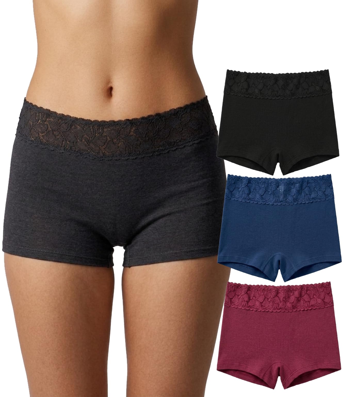 Women Cotton Lace Boyshort Panties | Soft Breathable Boyshort Underwear for Women | Lace Waistband Mid Rise Full Coverage Ladies Innerwear | Stretchable Comfortable Panty Multicolor-image-21