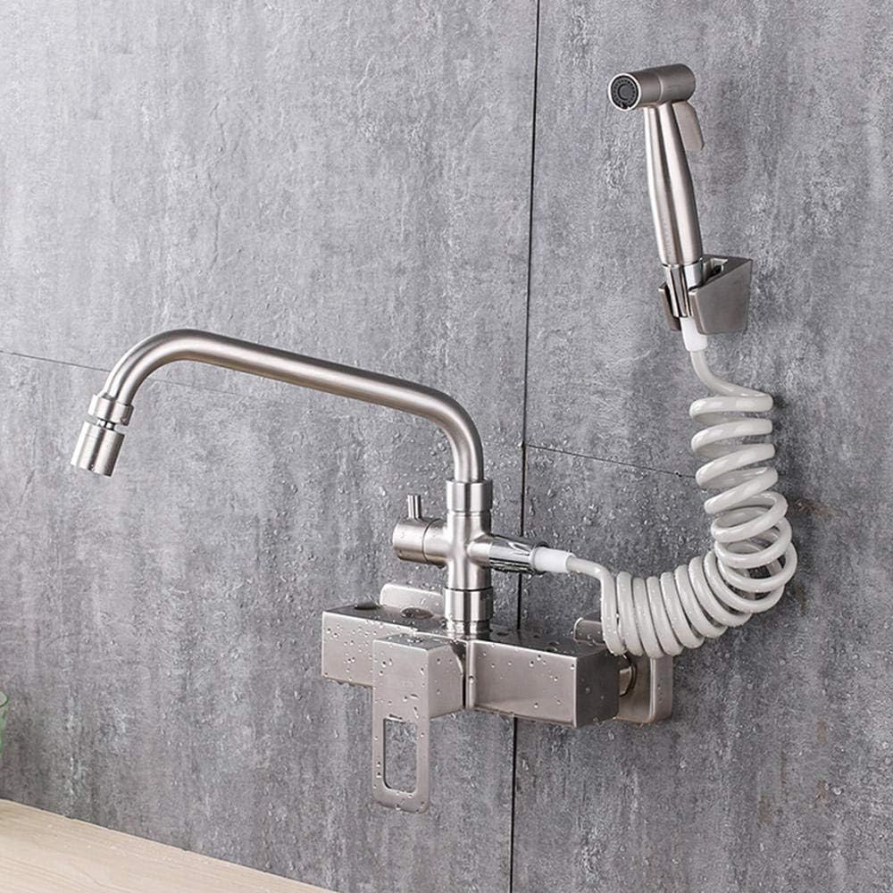 Wall Mount Faucet 304 Stainless Steel, Wall Mount Kitchen faucets, Sink Basin Laundry Pool, in-Wall Installation, hot and Cold Water Mixing, Spray Pull-Out Faucet-A-Swing Mouth wi