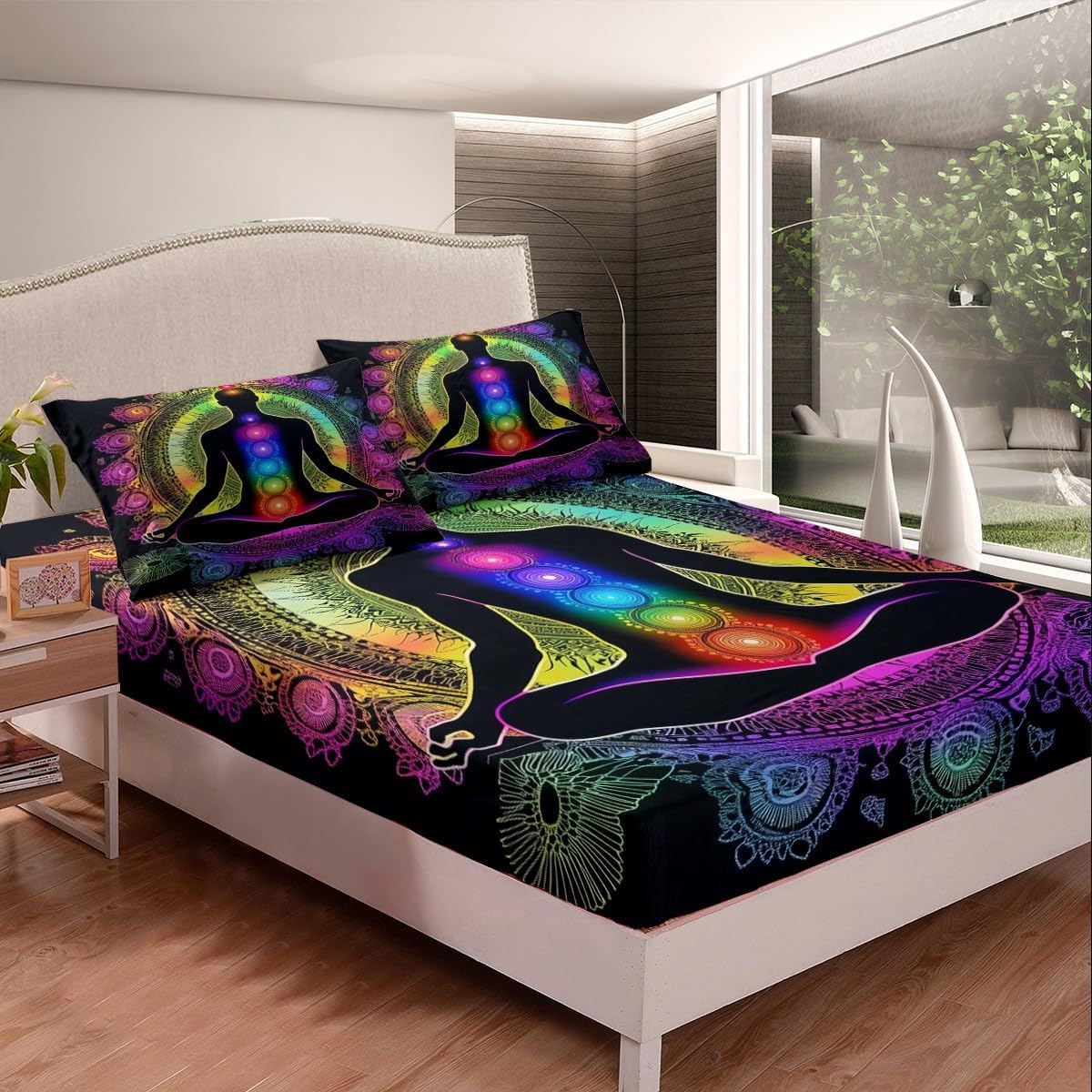 Erosebridal Yoga Bed Sheets Set Gradient Mandala Sheet Set,Chakra Meditation Twin Sheets for Kids Boys Girls Teens Lotus Chakra Art Flat Fitted Sheet