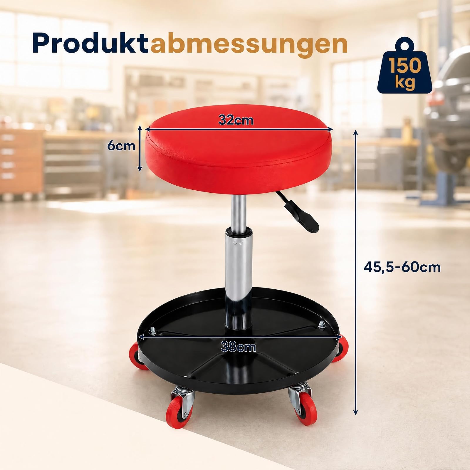 SOARS Werkstatthocker mit Rollen, höhenverstellbarer Rollhocker 150 kg