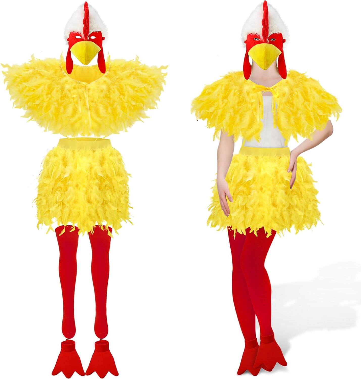 Liitrsh 5 Pcs Halloween Chicken Costume Women Adult Rooster Hat Feather Cape Skirt Outfits Accessory Kit