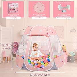 Crayline Pop Up Princess Tent with Star Light, Toys for 1 2 3 Year Old Girl Birthday Gift, Ball Pit for 12-18 Months Baby Girl Toys, Toddler Gifts, Easy to Pop Up and Assemble (Pink Gray)