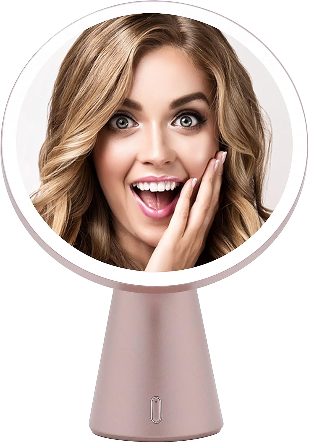 Greatest Product Impressions Luna Makeup Mirror and Night Lamp with Bluetooth Speaker, Magnify 5X Mirror with USB Charger and LED Light Strip, Rose Gold