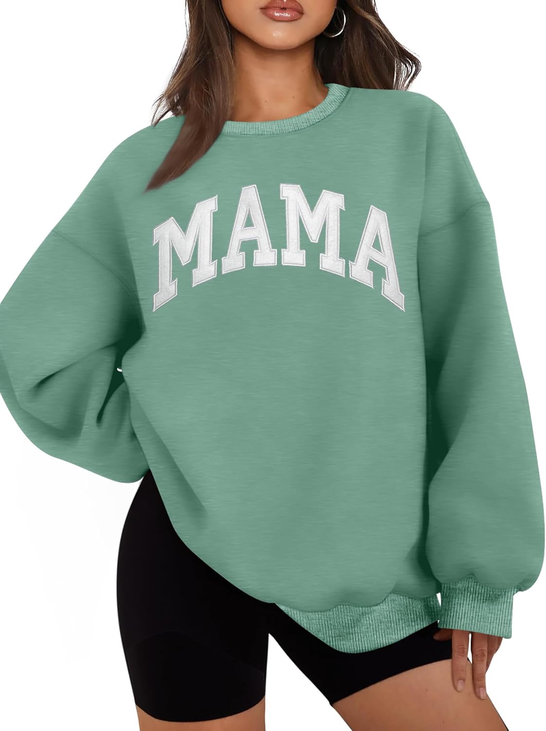 ELDPS Mama Sweatshirts for Women Embroidered Mama Shirt Oversized Mom Crewneck Pullover Hoodies Long Sleeve