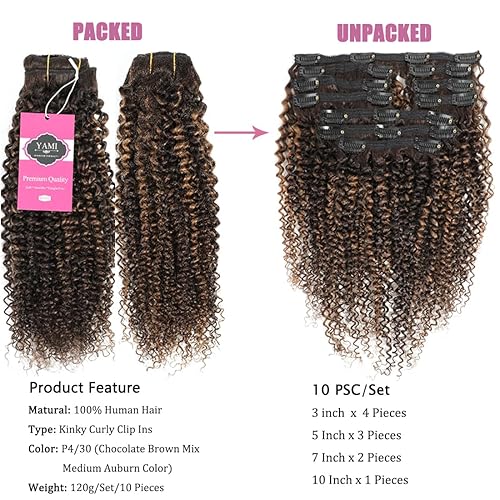 Miniatura 2 de YAMI Extensiones de cabello rizado con clip, 10 unidades, extensiones de cabello humano Remy brasileño Remy 3C 4A con clip, 4.23 oz (P 430, 10