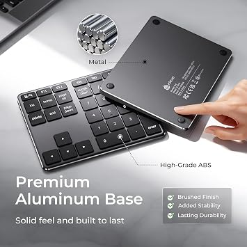 iClever Bluetooth Number Pad for Laptop, Aluminum Wireless Numeric Keypad