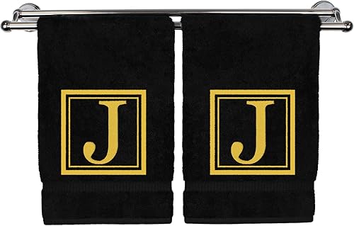 Miniatura 57 de Monogrammed Hand Towel, 16 x 30 Inches Set of 2, Personalized Gift- White Letter Embroidered with Square Design on Black Towel - Extra Absorbent