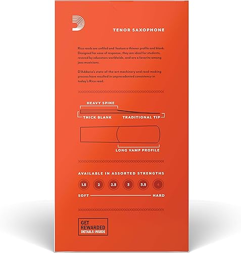 Miniatura 3 de D'Addario Woodwinds - Cañas de saxo tenor Rico - Cañas de saxofón tenor - Cañas tenor hechas para principiantes, estudiantes, educadores - Fuerza