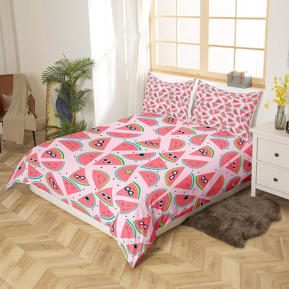 Homemissing Cute Watermelon Duvet Cover Cartoon Watermelons Bedding Set Funny Red Watermelon Slice Design Comforter Cover for Boys Girls Kids Pink Tropical Fruit Bedding & Linen King Size - Image 3