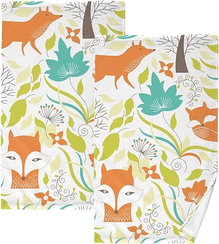 ALAZA Bath Towels Set of 2 Hand Towels for Bathroom 100% Cotton Orange Foxes Absorbent Soft 16×28 inch Decorative