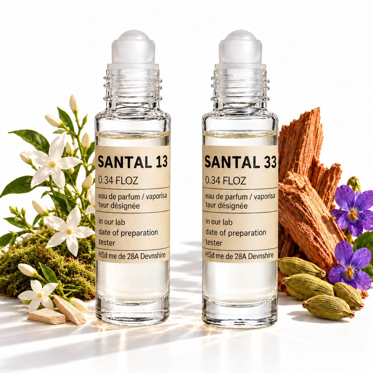 Clean Musk Perfume No. 13 or Woody Sandalwood No. 33, Unisex Roll On Perfume for Women and Men, Santal Rollerball Fragrance, 2-Piece Perfume Set, Includes No. 13 and No. 33, 10 mL / 0.34 fl oz Each