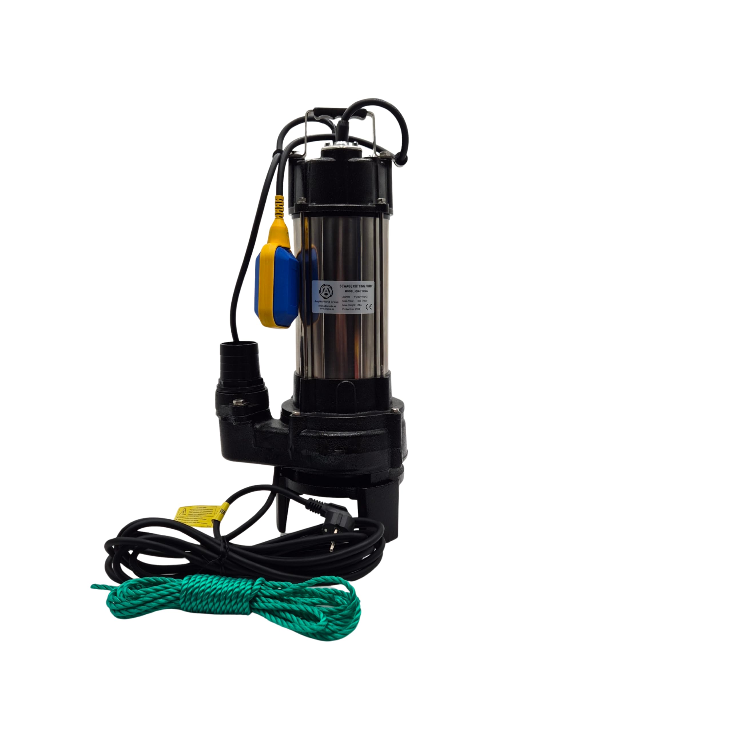 Ampika Bomba fecal con Trituradora y Flotador QW-2215DH de Aguas Sucias, bomba de Inmersión para Aguas Residuales 2200W, 30 000L/h, Altura de Impulsiòn máx. 28m