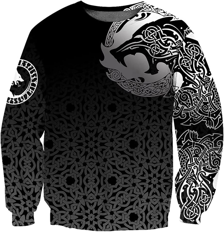 Norse Sweatshirt Zip Hoodie,Fenrir Wolf Odin Viking Tattoo 3D Print Pullover,Celtic Pagan Casual Couples Streetwear