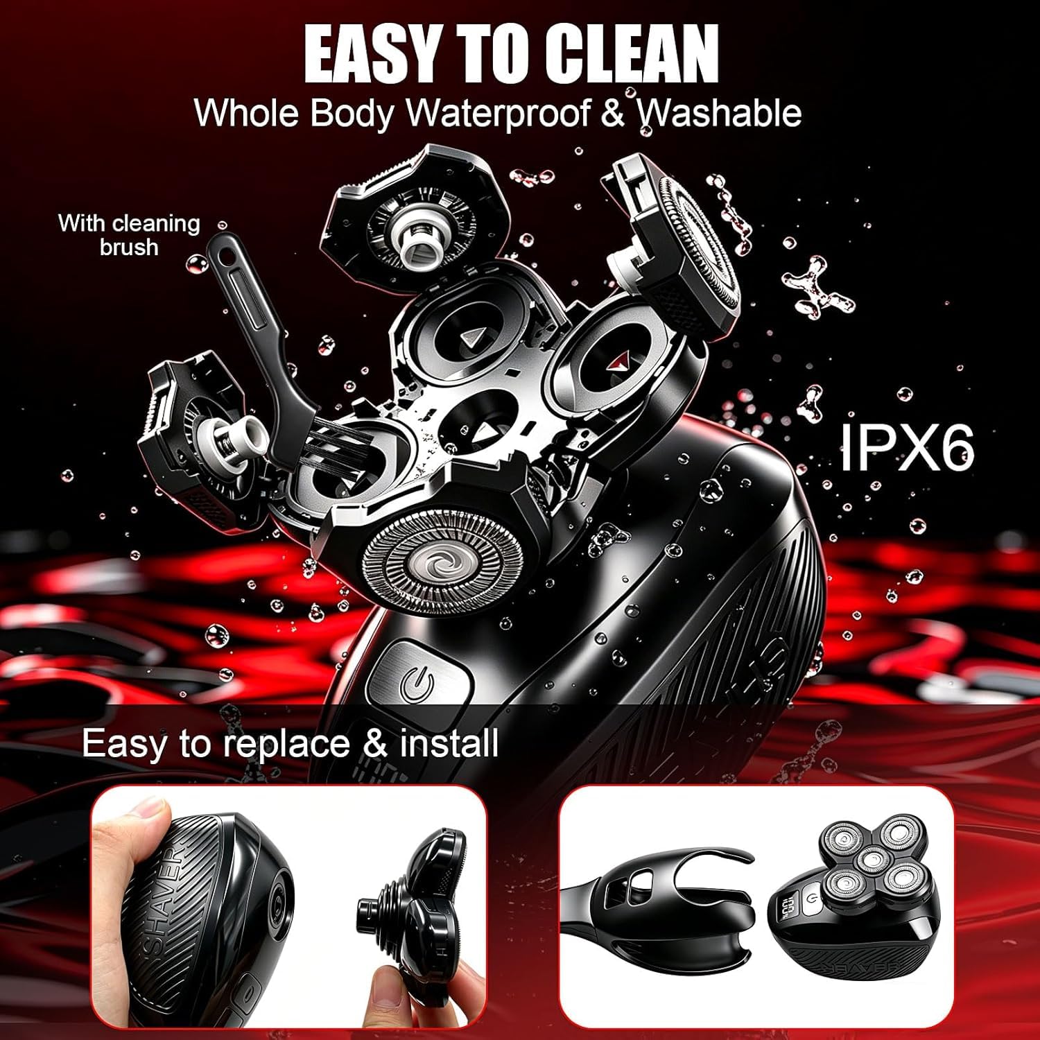 Rasoir pour le dos pour homme, rasoir électrique rechargeable avec manche long, kit de tondeuse étanche pour tout le corps avec têtes de rasage interchangeables