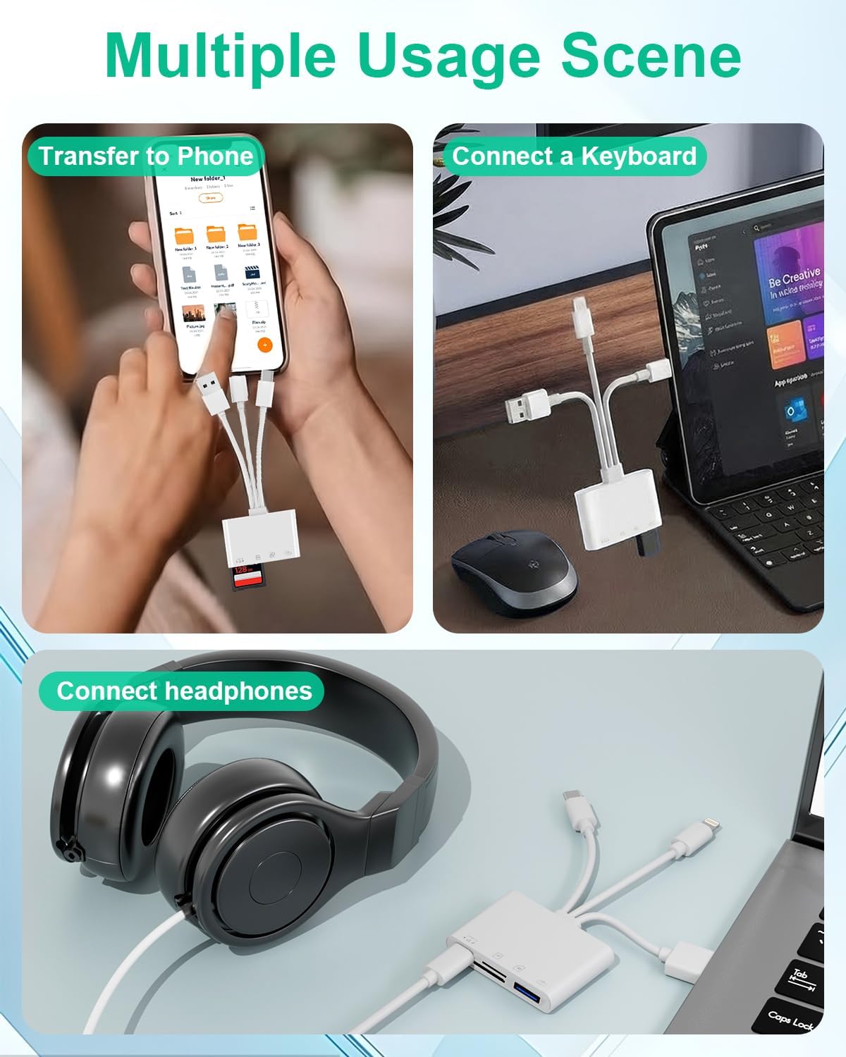 4 in 1 OTG Adapter SD Card Reader - Triple USB-C/Lightning/USB Memory Card Reader Lightning to USB Camera Adapter with SD/TF Card Slots, USB Flash Drive Slot, Type-C Port for Data & Charging & Audio image 5