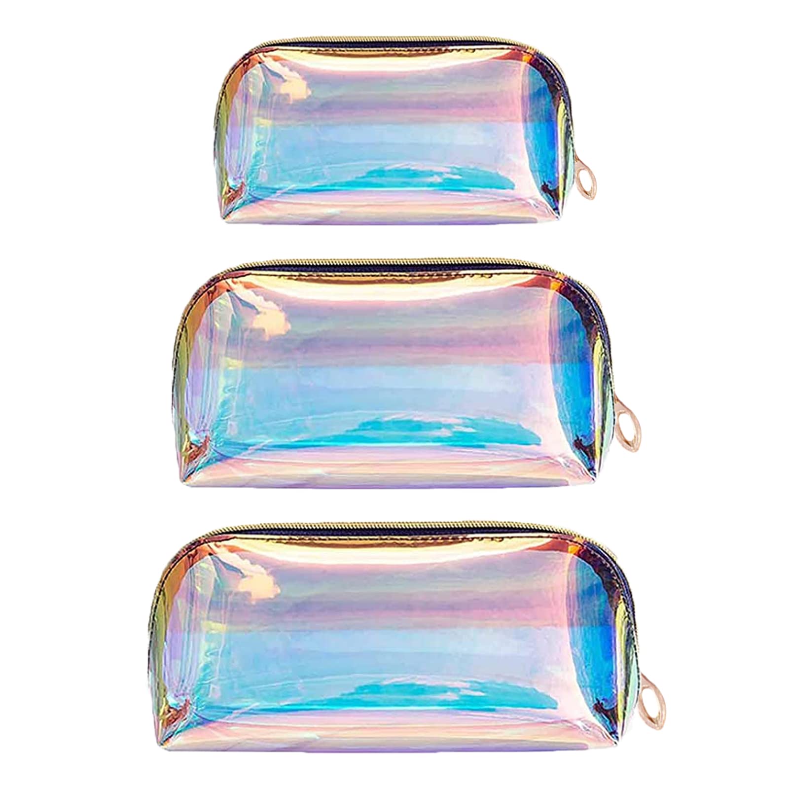 ANROLA Holographic Makeup Bag Iridescent Cosmetic Pouch Clear Waterproof Portable Travel Cosmetic Pouch TPU Zippered Toiletry Organizer bag for Women 3PCS