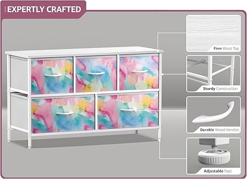 Miniatura 4 de Sorbus Cómoda para niños con 5 cajones, unidad organizadora de baúl de almacenamiento con marco de acero, parte superior de madera, contenedores de