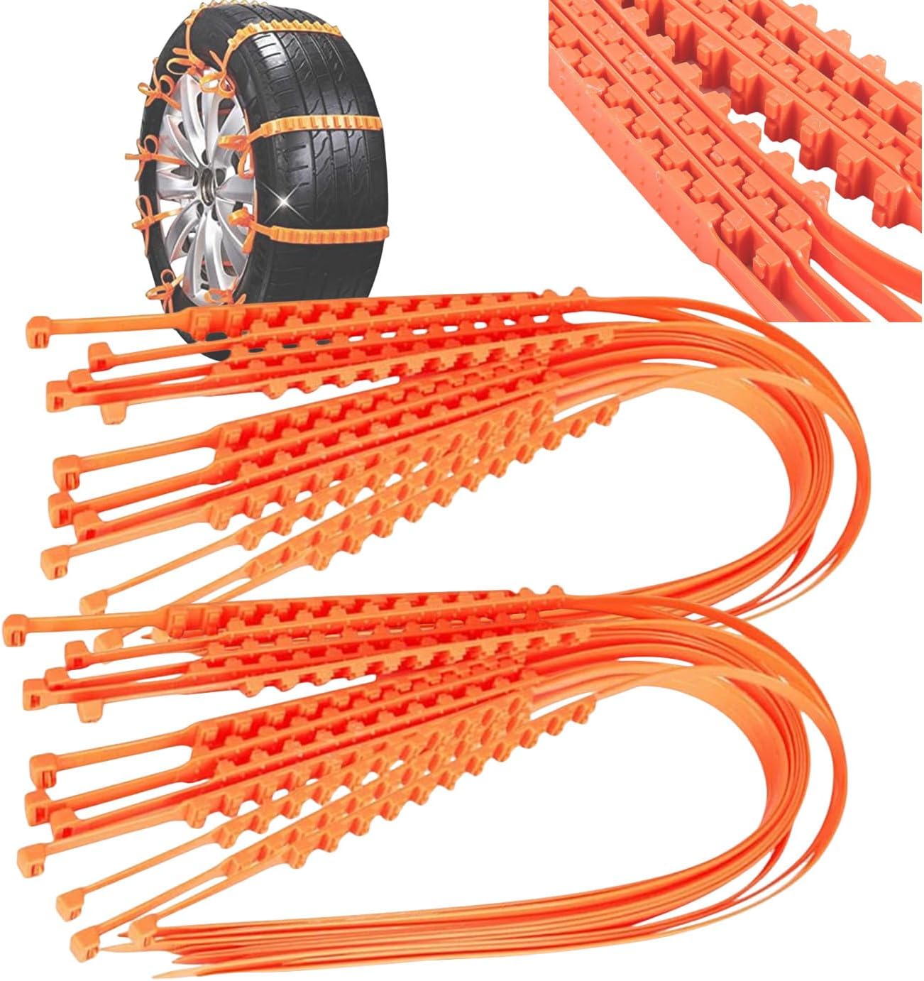 Tire Chains, Non-Metallic, Snow Chains, 2026 Model, Double Teeth, 20 Pieces, Easy to Install, Anti-Slip Tire Chains, No Jack Up Required, For Snowy Roads, Frozen Roads, Bad Roads, Emergency Escape, Accident Prevention, Double Teeth Design, Suitable for Cars, Motorcycles, Trailers, ATVs, Trucks, SUVs, Winter Necessities (Dual Teeth - Orange)