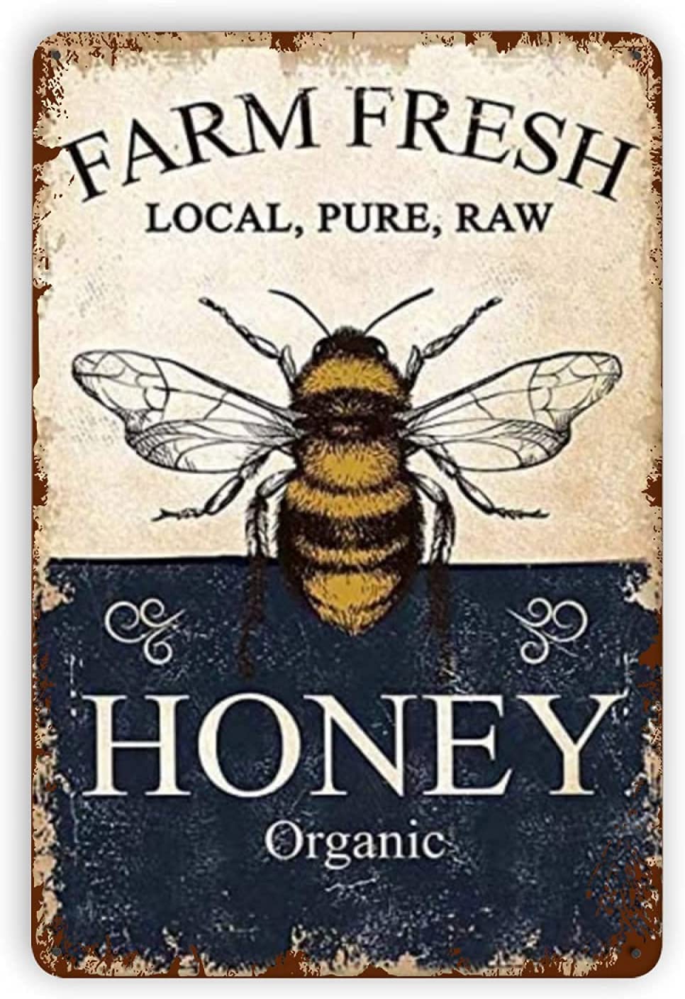 Farm Fresh Bee Honey Metal Tin Signs, Vintage Wall Decor Retro Art Tin Sign Wall Poster Decor Funny Retro Bar Coffee Pub Gift Wall Decor Sign 8x12 Inch
