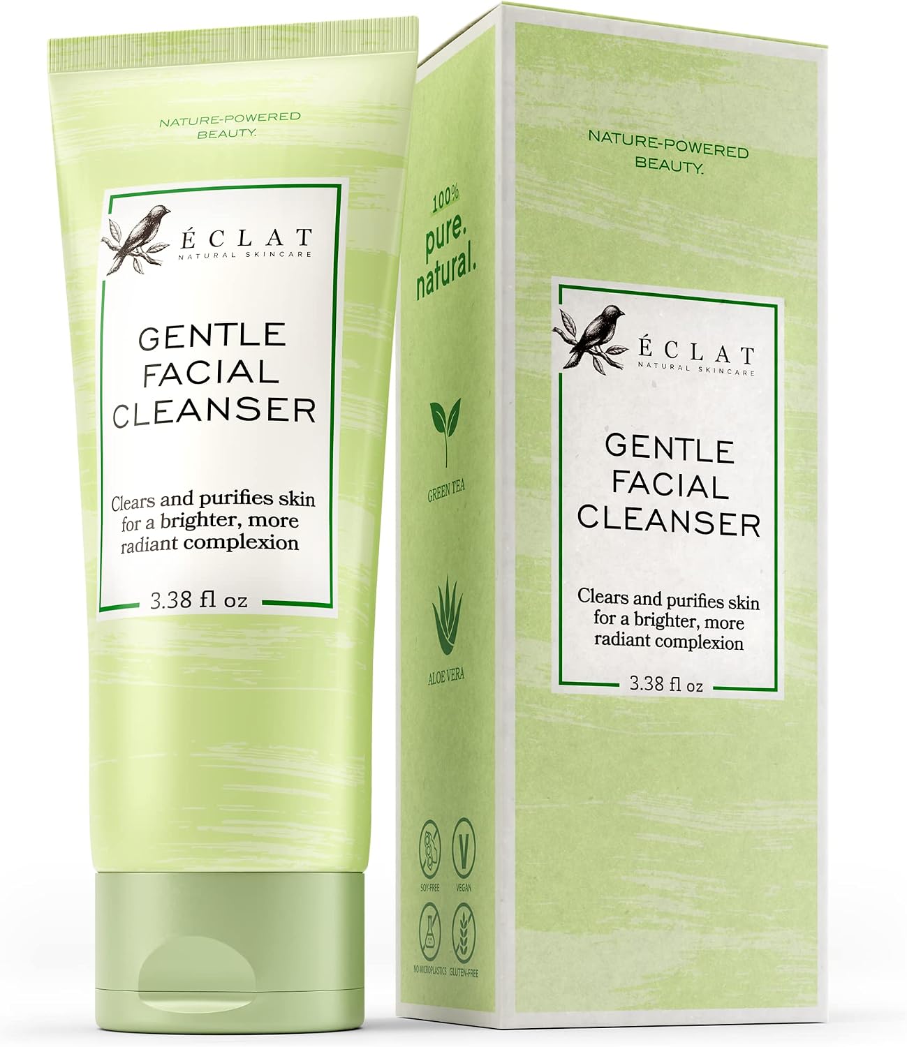 Gentle Facial Cleanser, Green Tea + Aloe Vera, Vitamin C & E, All Natural Face Wash for Deep Cleansing